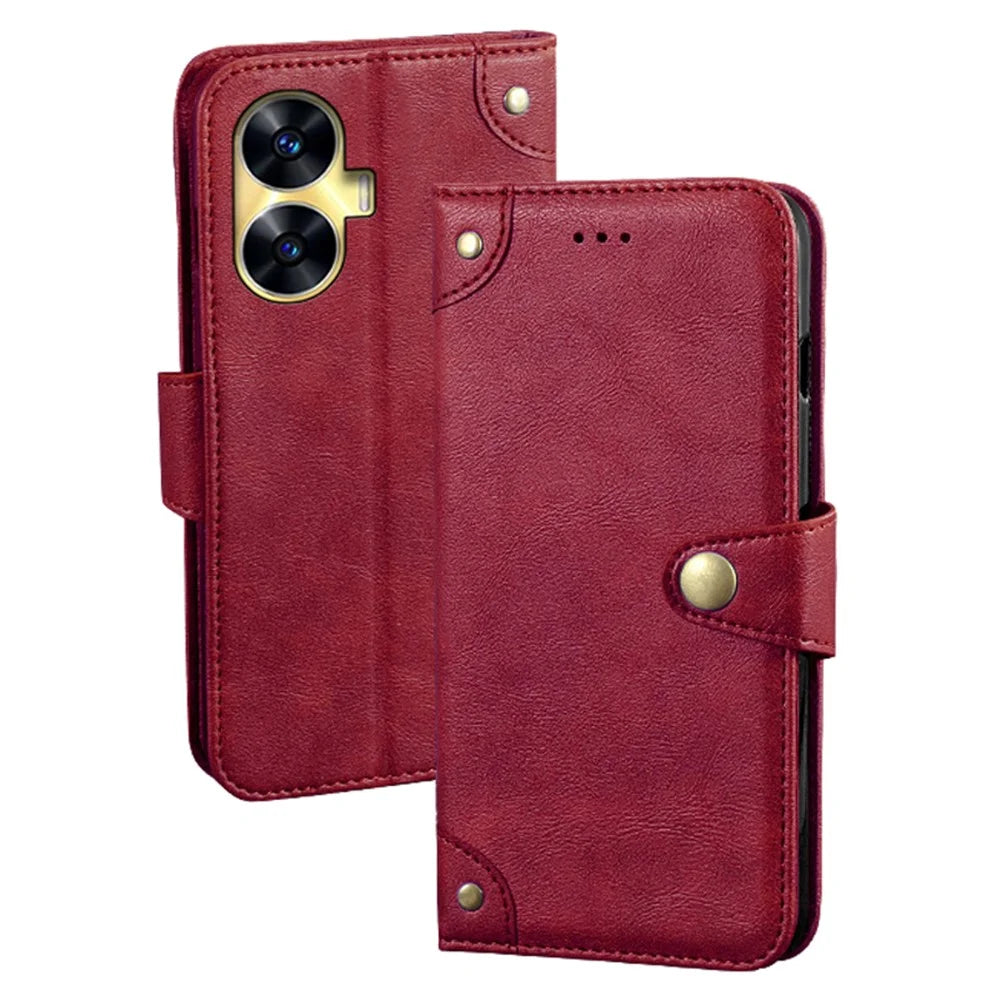 IDEWEI For Realme C55 Protective Phone Case Flip Leather Wallet Cell Phone Stand Cover - Red - 1