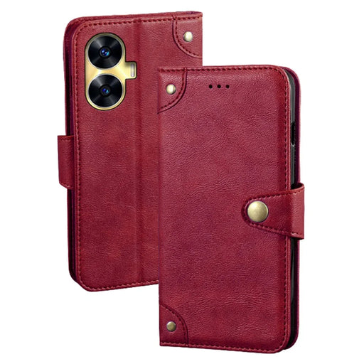 IDEWEI For Realme C55 Protective Phone Case Flip Leather Wallet Cell Phone Stand Cover - Red - 1