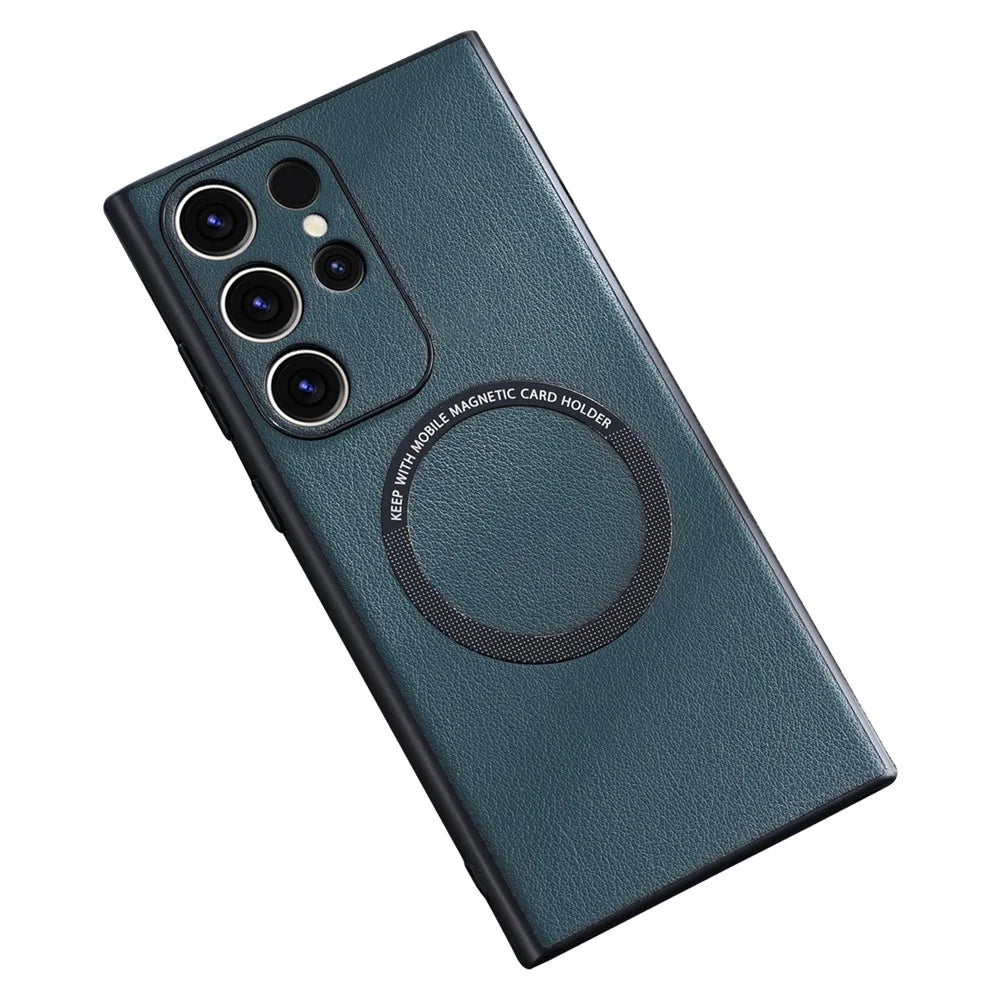 For Samsung Galaxy S23 Ultra Cover Magnetic Case Charger PU Leather Coated TPU+PC Phone Case - Green - 1