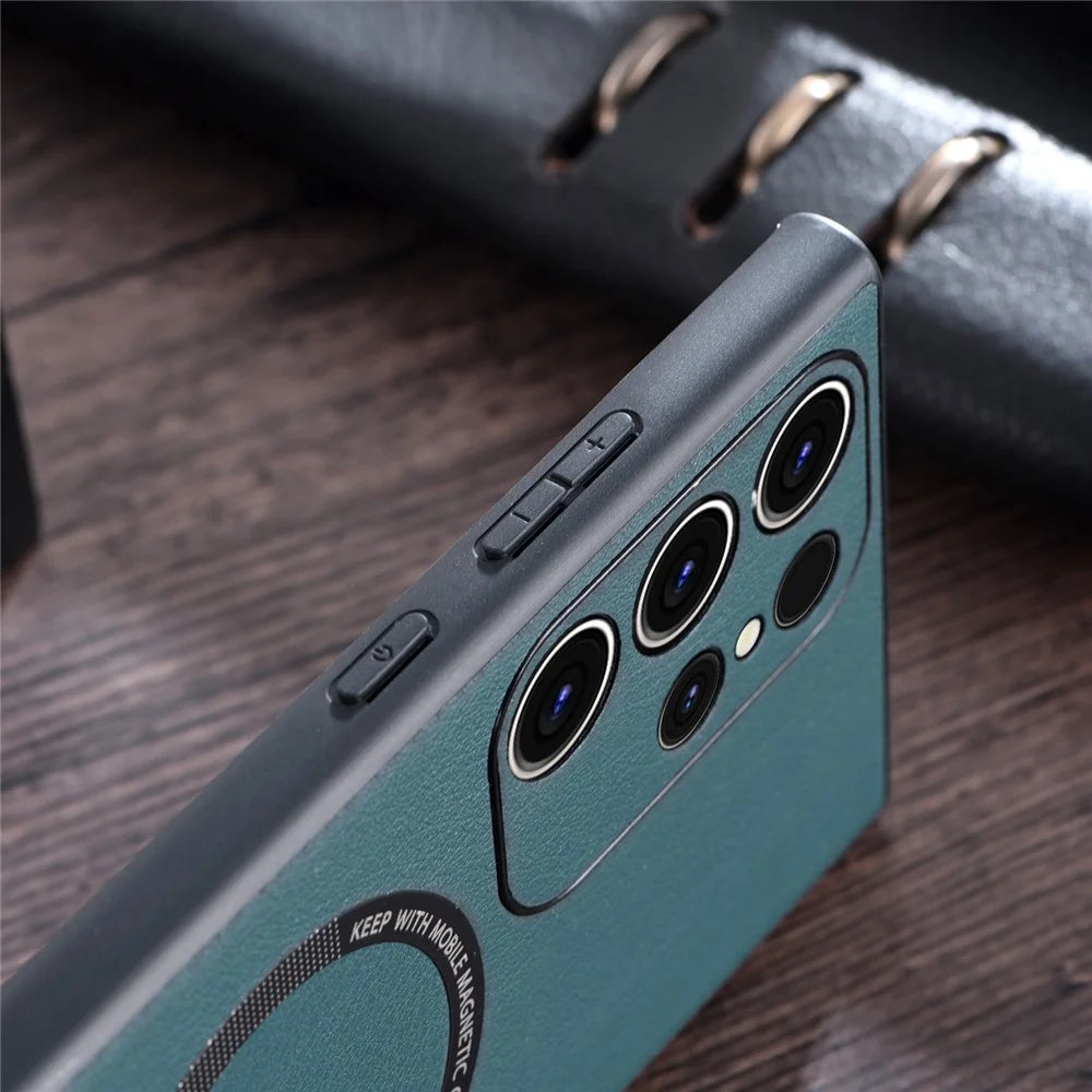 For Samsung Galaxy S23 Ultra Cover Magnetic Case Charger PU Leather Coated TPU+PC Phone Case - Green - 2