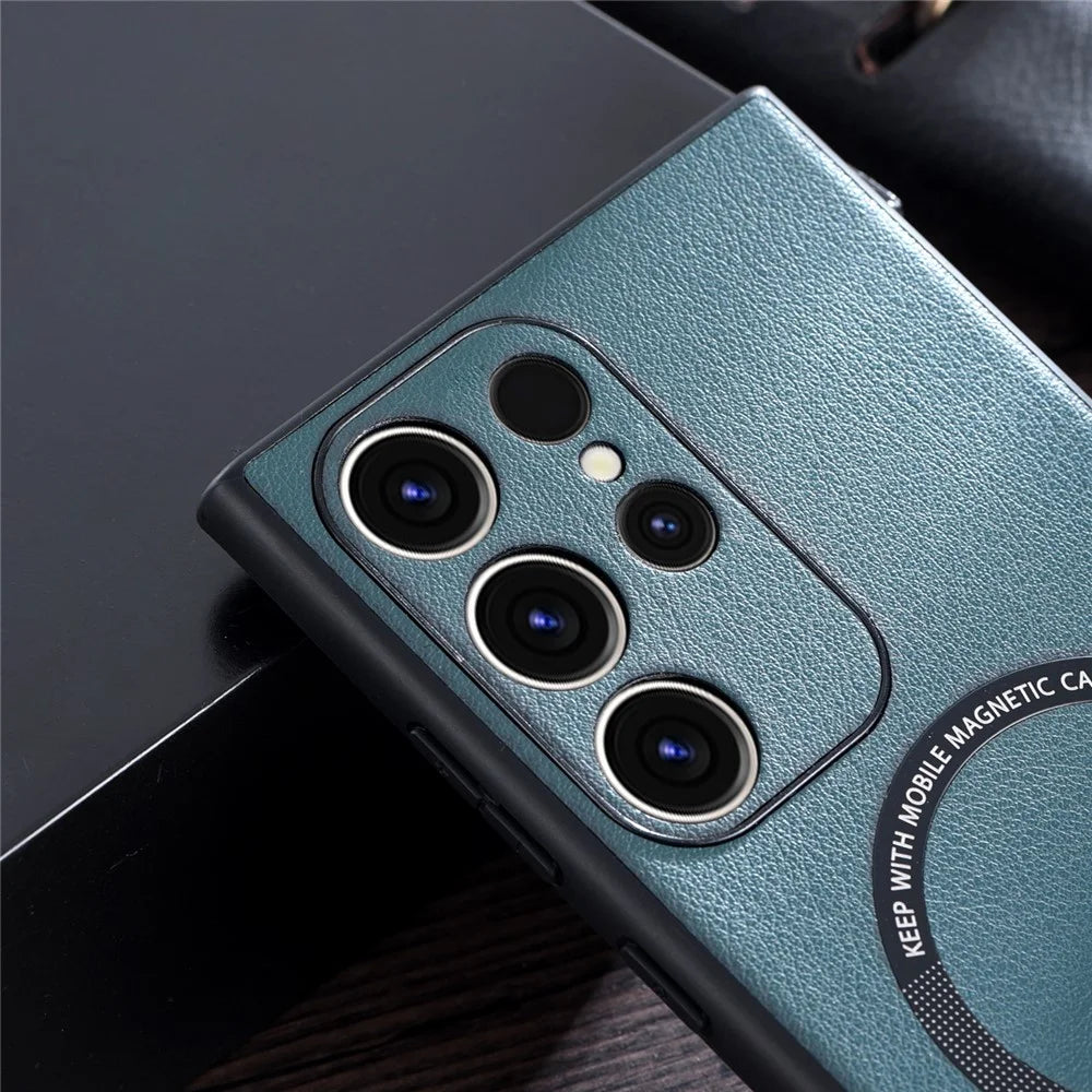 For Samsung Galaxy S23 Ultra Cover Magnetic Case Charger PU Leather Coated TPU+PC Phone Case - Green - 3