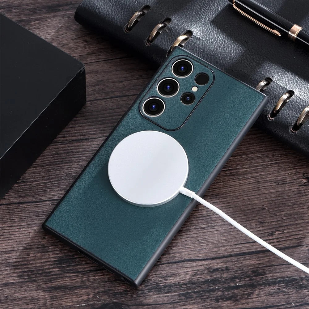 For Samsung Galaxy S23 Ultra Cover Magnetic Case Charger PU Leather Coated TPU+PC Phone Case - Green - 6