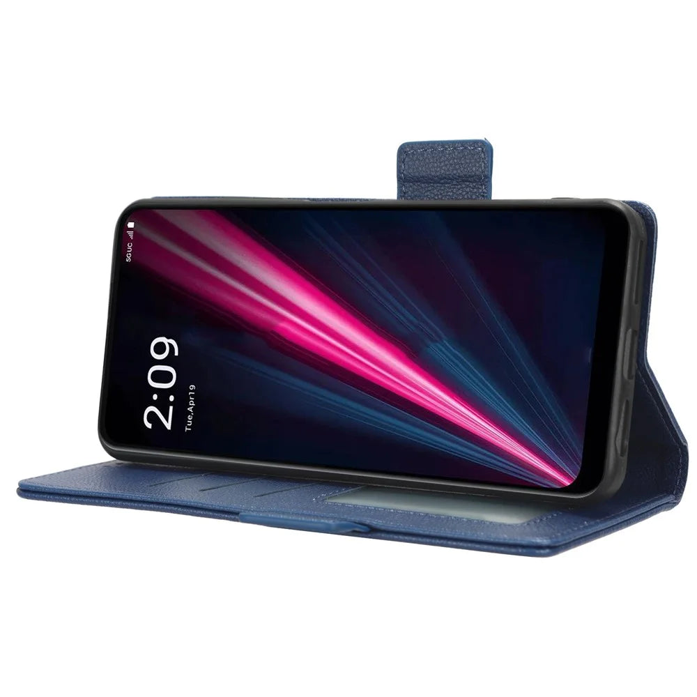 For T-Mobile REVVL 6 5G / T Phone 5G / Telekom T Phone 5G Leather Phone Case Wallet Litchi Texture Phone Stand Cover - Dark Blue - 3