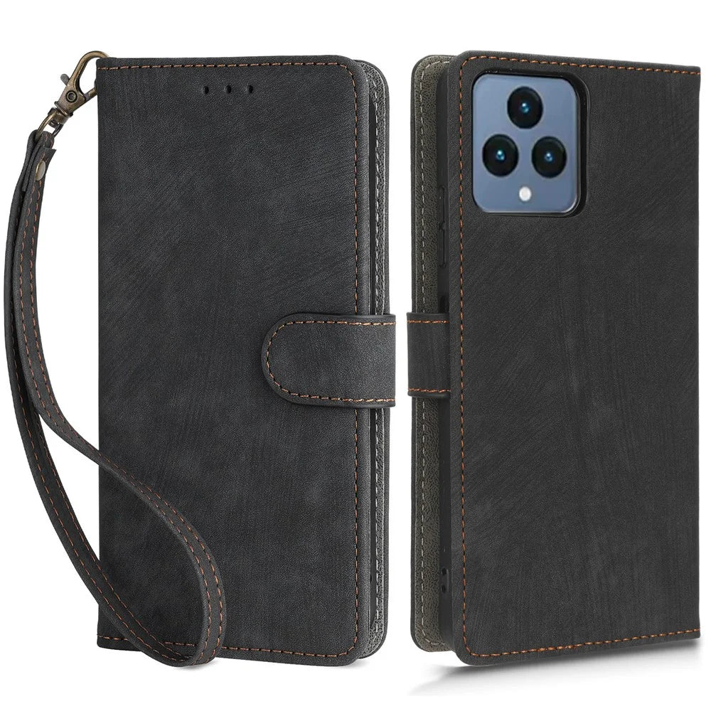 For T-Mobile REVVL 6 5G / T Phone 5G / Telekom T Phone 5G RFID Blocking Phone Case Leather Stand Wallet Cover with Strap - Black - 1