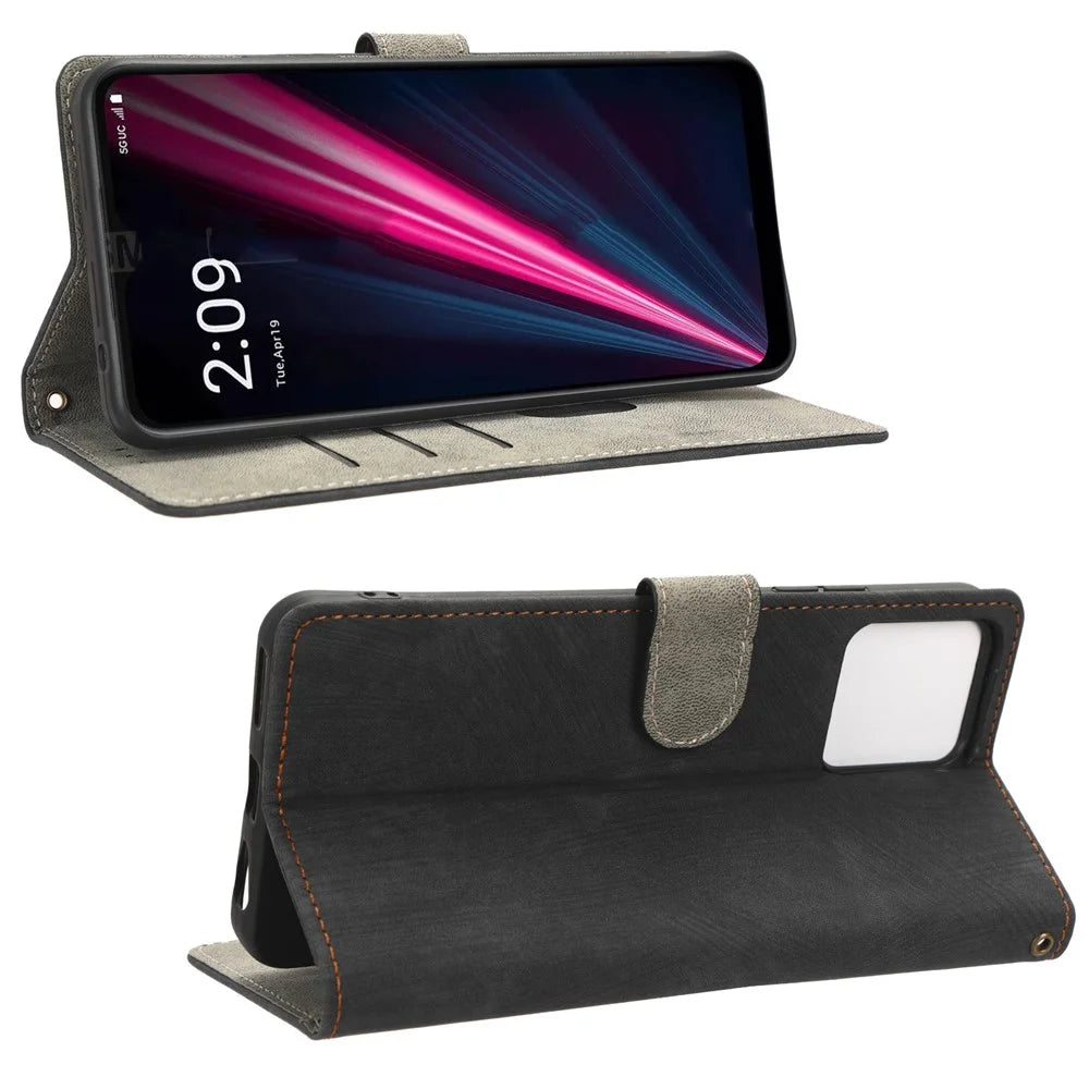 For T-Mobile REVVL 6 5G / T Phone 5G / Telekom T Phone 5G RFID Blocking Phone Case Leather Stand Wallet Cover with Strap - Black - 3