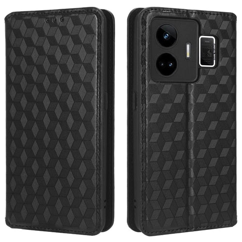For Realme GT Neo 5 5G / GT3 5G Wallet Stand Phone Leather Case Imprinted Rhombus Pattern Phone Cover - Black - 1