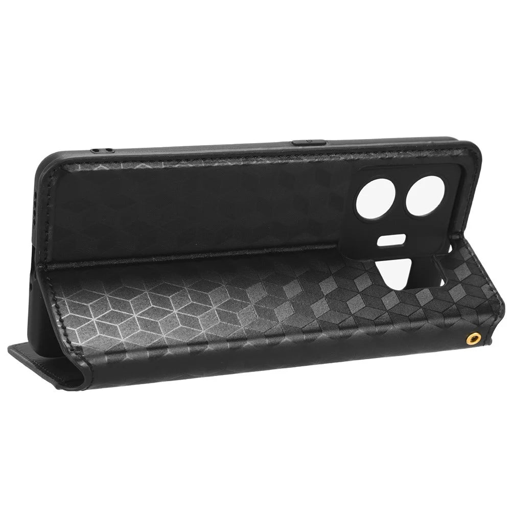For Realme GT Neo 5 5G / GT3 5G Wallet Stand Phone Leather Case Imprinted Rhombus Pattern Phone Cover - Black - 3