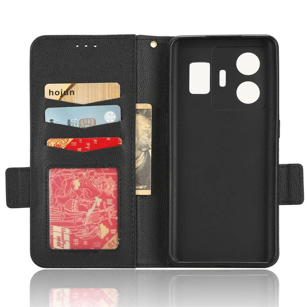For Realme GT Neo 5 5G / GT3 5G Dual Magnetic Clasp Cover Wallet Stand Litchi Texture PU Leather+TPU Phone Case - Black - 4