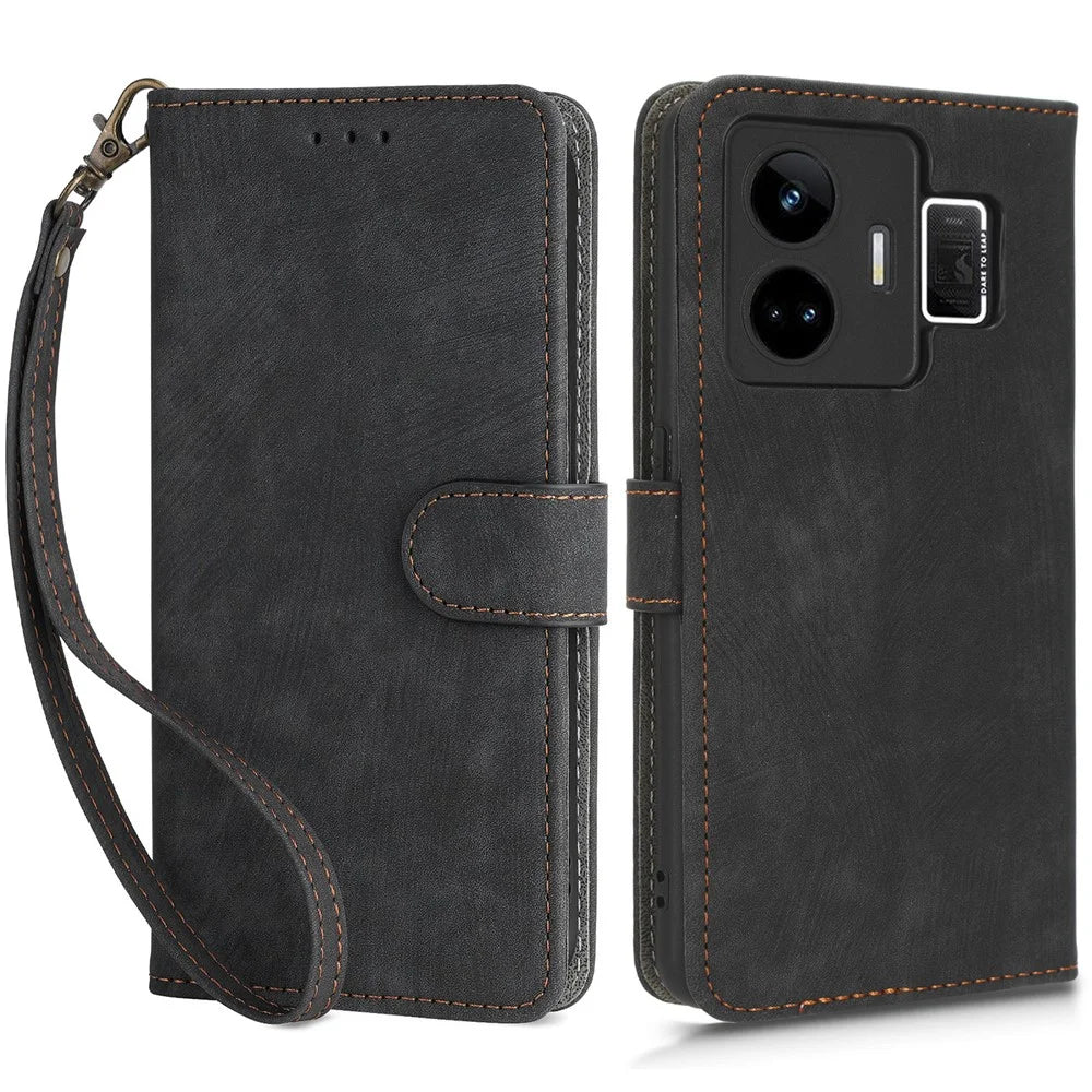 For Realme GT Neo 5 5G / GT3 5G Wallet Phone Case RFID Blocking Leather Stand Phone Cover with Strap - Black - 1