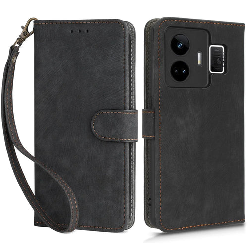 For Realme GT Neo 5 5G / GT3 5G Wallet Phone Case RFID Blocking Leather Stand Phone Cover with Strap - Black - 1
