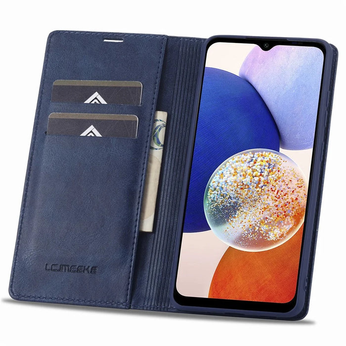 LC.IMEEKE For Samsung Galaxy A14 4G / 5G PU Leather Flip Wallet Case RFID Blocking Stand Phone Cover - Blue - 2