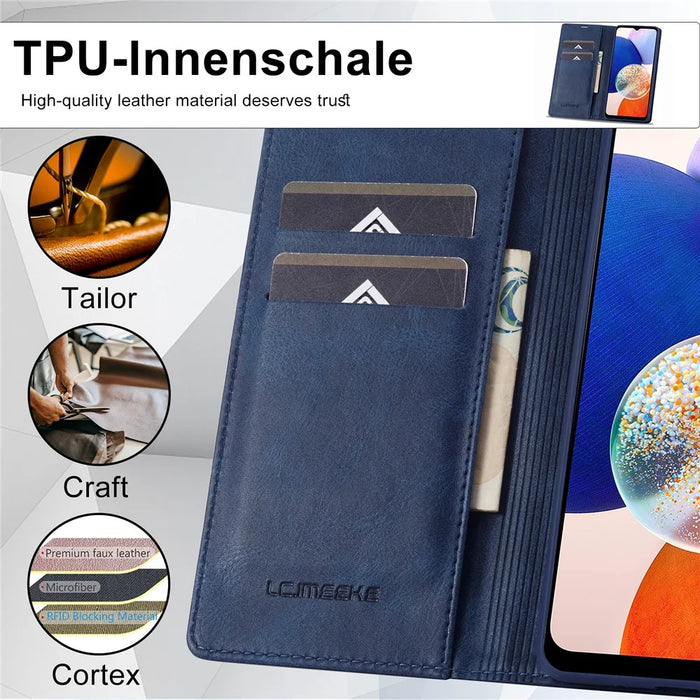 LC.IMEEKE For Samsung Galaxy A14 4G / 5G PU Leather Flip Wallet Case RFID Blocking Stand Phone Cover - Blue - 5