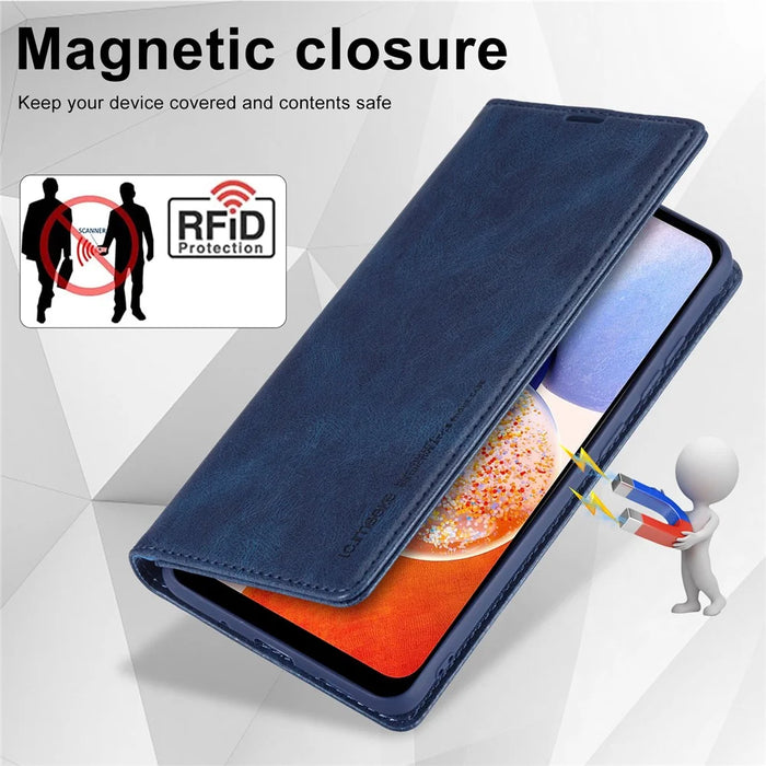 LC.IMEEKE For Samsung Galaxy A14 4G / 5G PU Leather Flip Wallet Case RFID Blocking Stand Phone Cover - Blue - 6