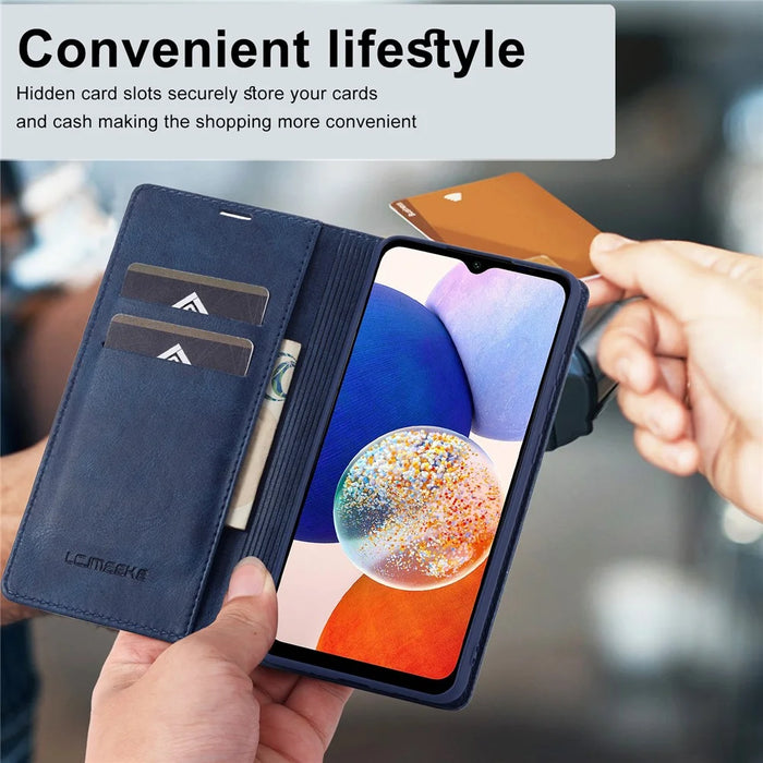 LC.IMEEKE For Samsung Galaxy A14 4G / 5G PU Leather Flip Wallet Case RFID Blocking Stand Phone Cover - Blue - 7