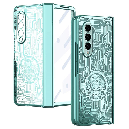 For Samsung Galaxy Z Fold4 5G Mechanical Legend Series Electroplating Phone Case Hard PC Shockproof Cover with Tempered Glass Film - Green - 1