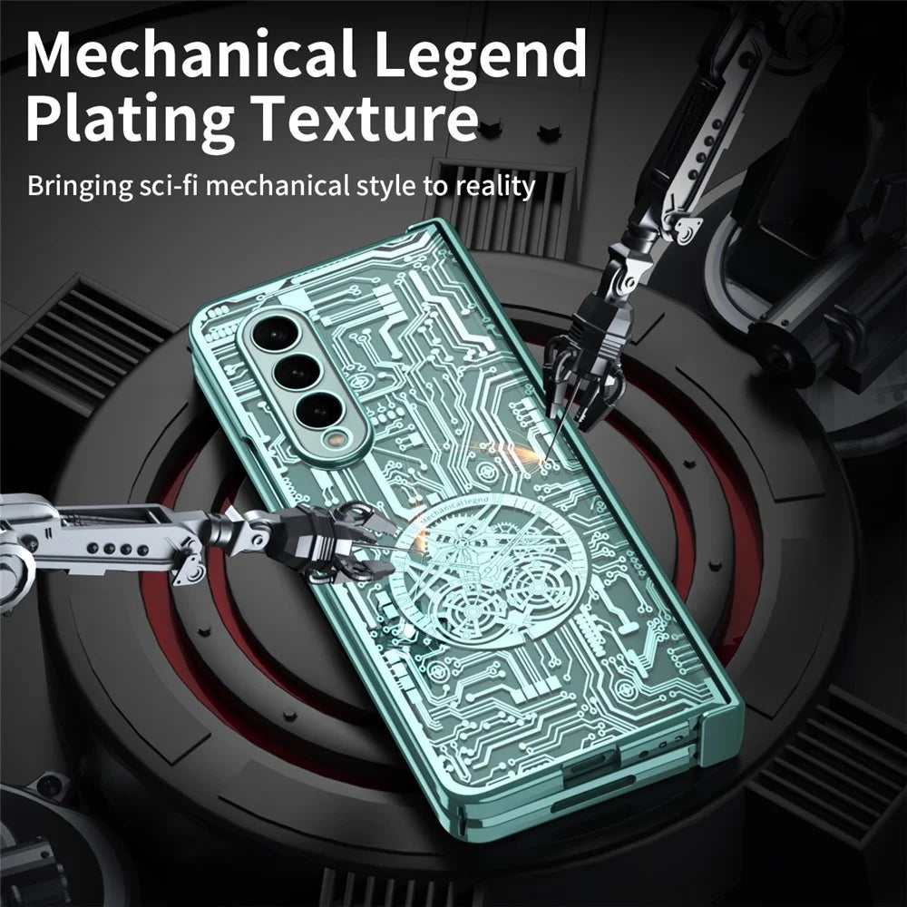 For Samsung Galaxy Z Fold4 5G Mechanical Legend Series Electroplating Phone Case Hard PC Shockproof Cover with Tempered Glass Film - Green - 2