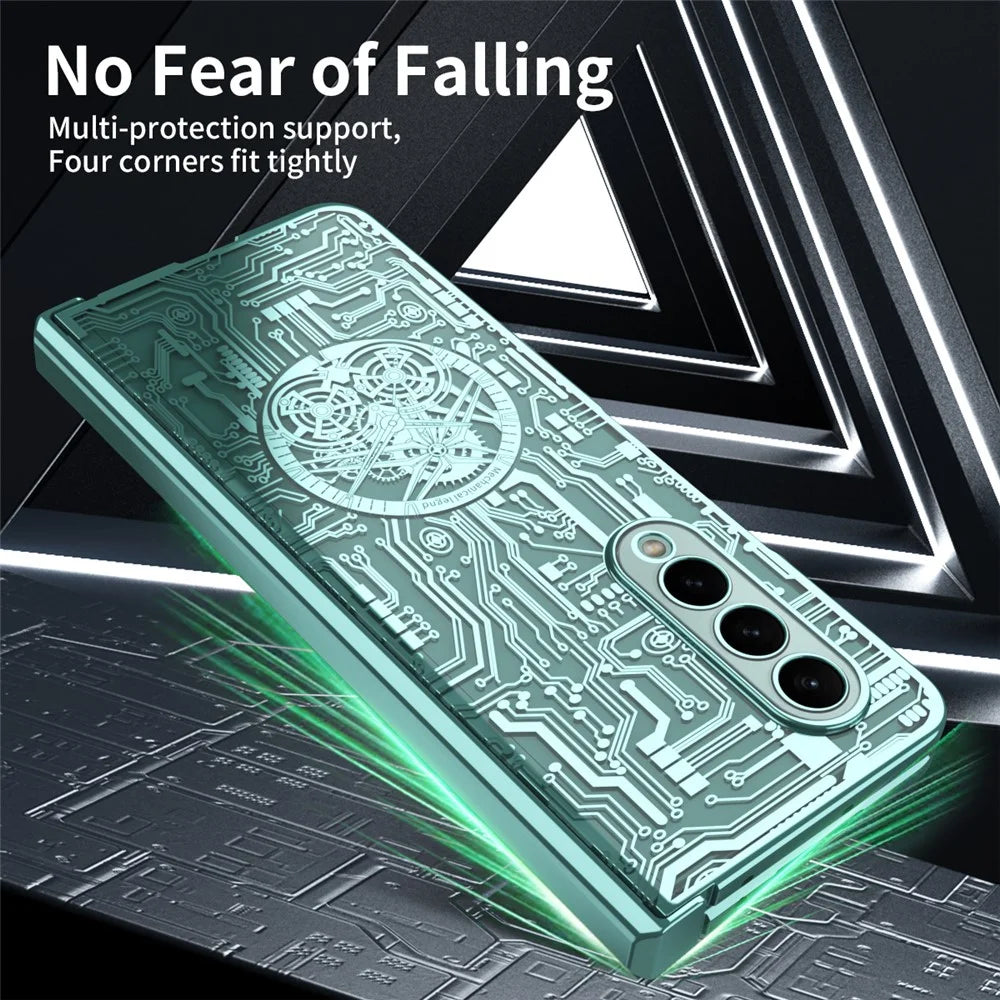 For Samsung Galaxy Z Fold4 5G Mechanical Legend Series Electroplating Phone Case Hard PC Shockproof Cover with Tempered Glass Film - Green - 5