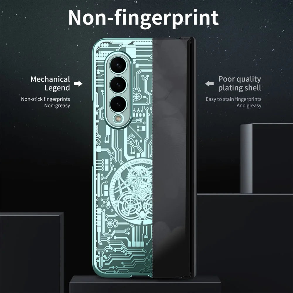 For Samsung Galaxy Z Fold4 5G Mechanical Legend Series Electroplating Phone Case Hard PC Shockproof Cover with Tempered Glass Film - Green - 6