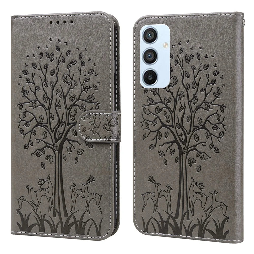 For Samsung Galaxy A54 5G PU Leather Wallet Phone Case Deer Tree Pattern Stand Cover - Grey - 1