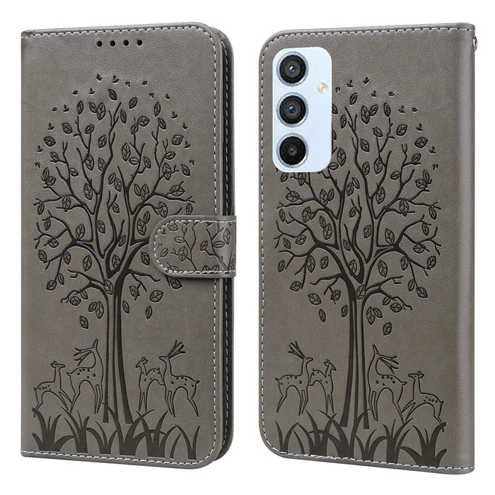 For Samsung Galaxy A54 5G PU Leather Wallet Phone Case Deer Tree Pattern Stand Cover - Grey - 1