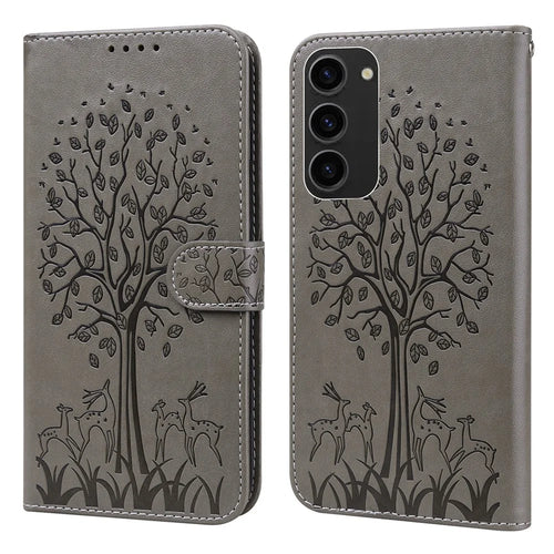 For Samsung Galaxy S23+ PU Leather Phone Case Deer Tree Pattern Wallet Stand Folio Cover - Grey - 1
