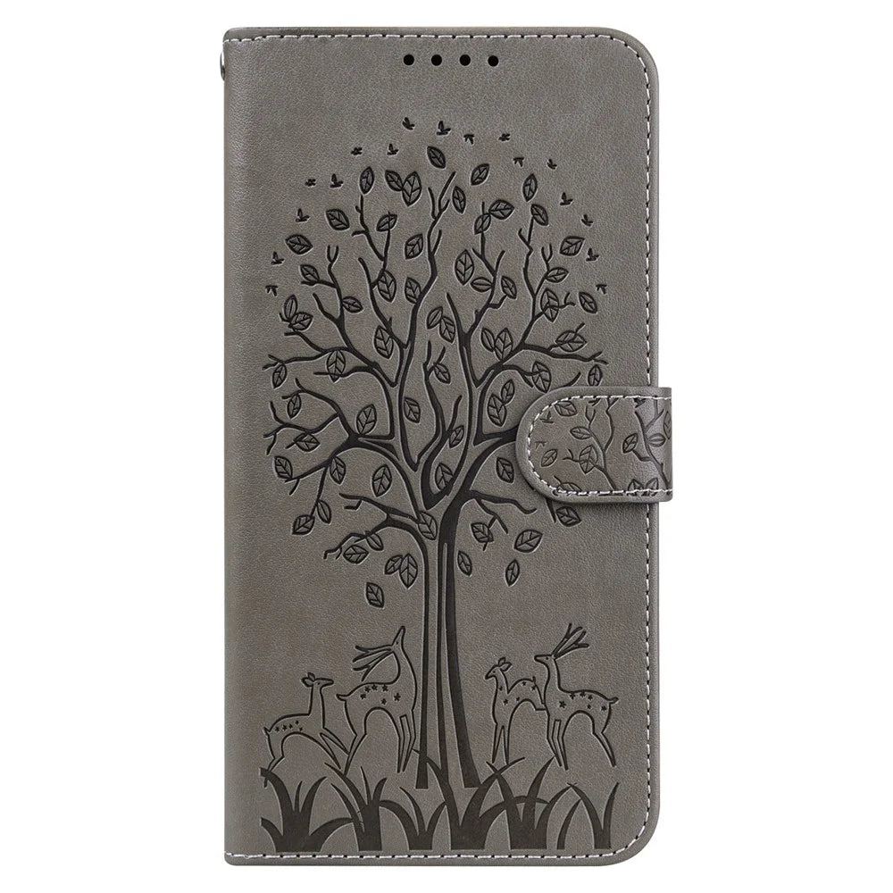 For Samsung Galaxy S23+ PU Leather Phone Case Deer Tree Pattern Wallet Stand Folio Cover - Grey - 6