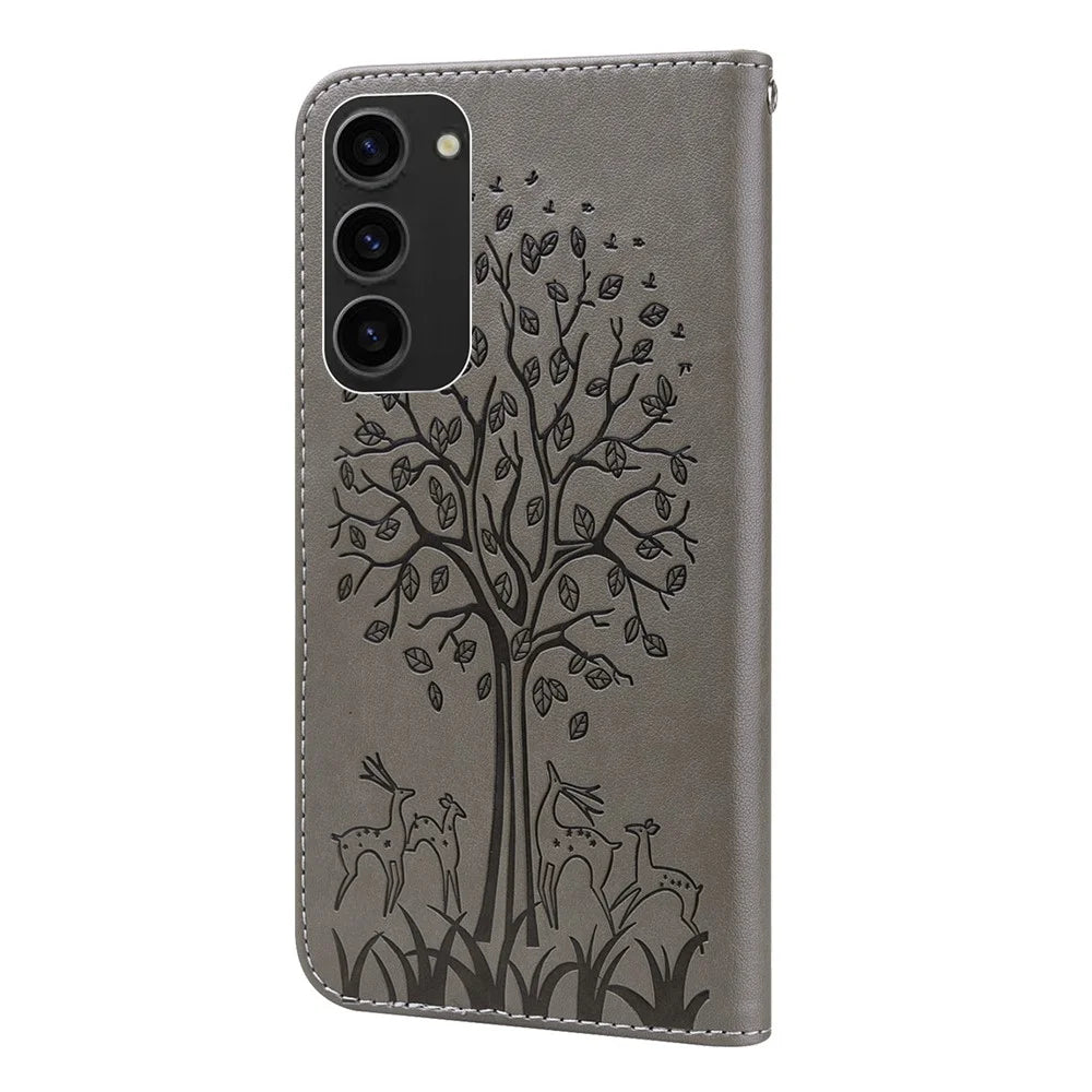 PU Leather Case for Samsung Galaxy S23 , Deer Tree Pattern Stand Wallet Phone Cover - Grey - 7