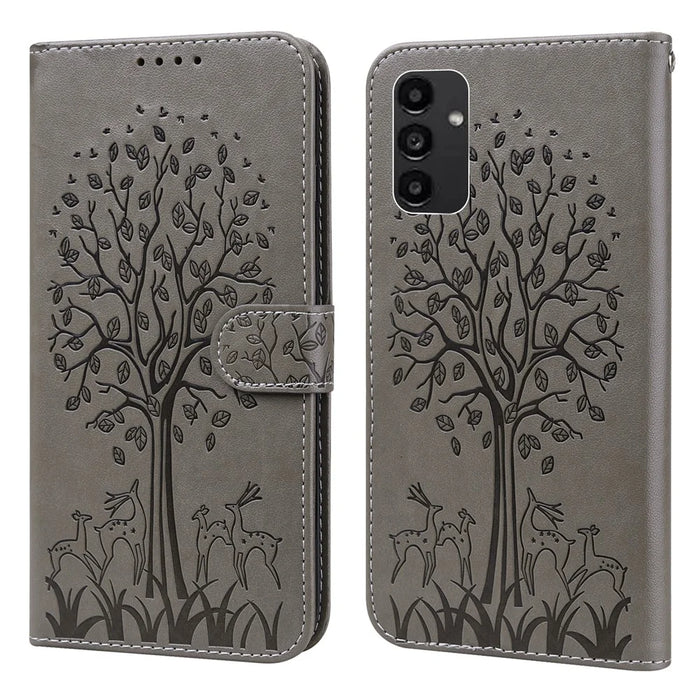 Wallet Phone Case for Samsung Galaxy A14 5G / A14 4G , PU Leather Deer Tree Pattern Stand Flip Cover - Grey - 1