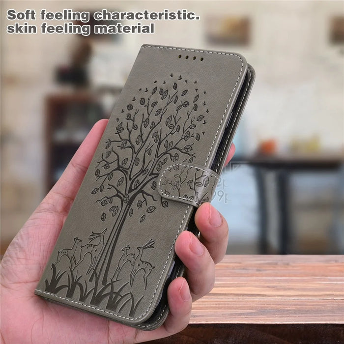 Wallet Phone Case for Samsung Galaxy A14 5G / A14 4G , PU Leather Deer Tree Pattern Stand Flip Cover - Grey - 5
