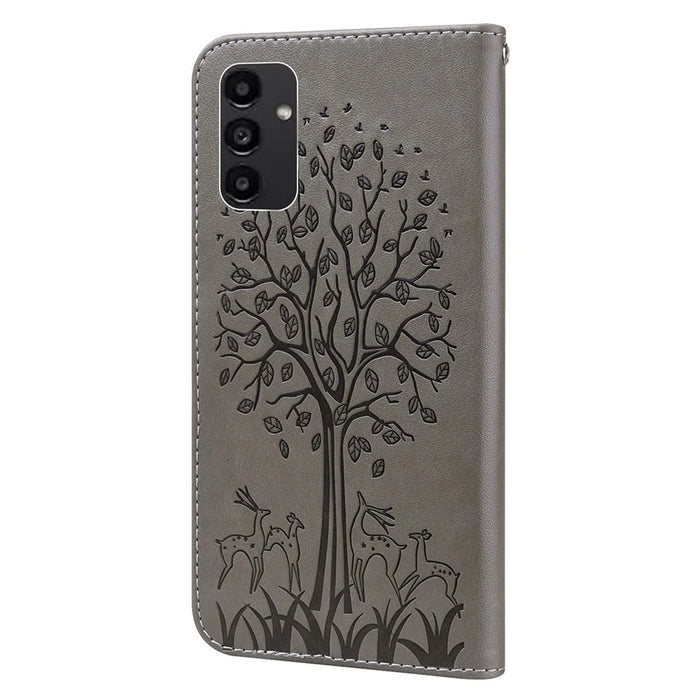 Wallet Phone Case for Samsung Galaxy A14 5G / A14 4G , PU Leather Deer Tree Pattern Stand Flip Cover - Grey - 7