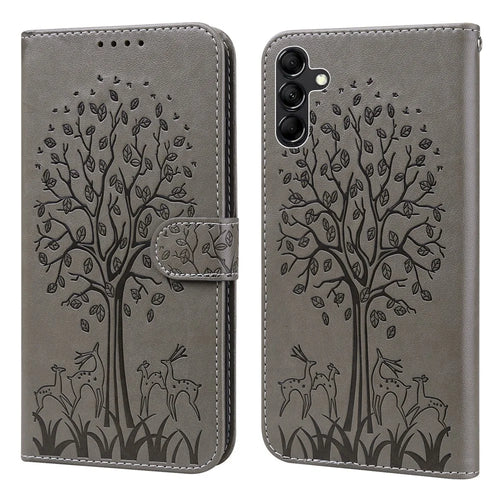 For Samsung Galaxy A34 5G PU Leather Flip Wallet Phone Case Deer Tree Pattern Stand Magnetic Cover - Grey - 1