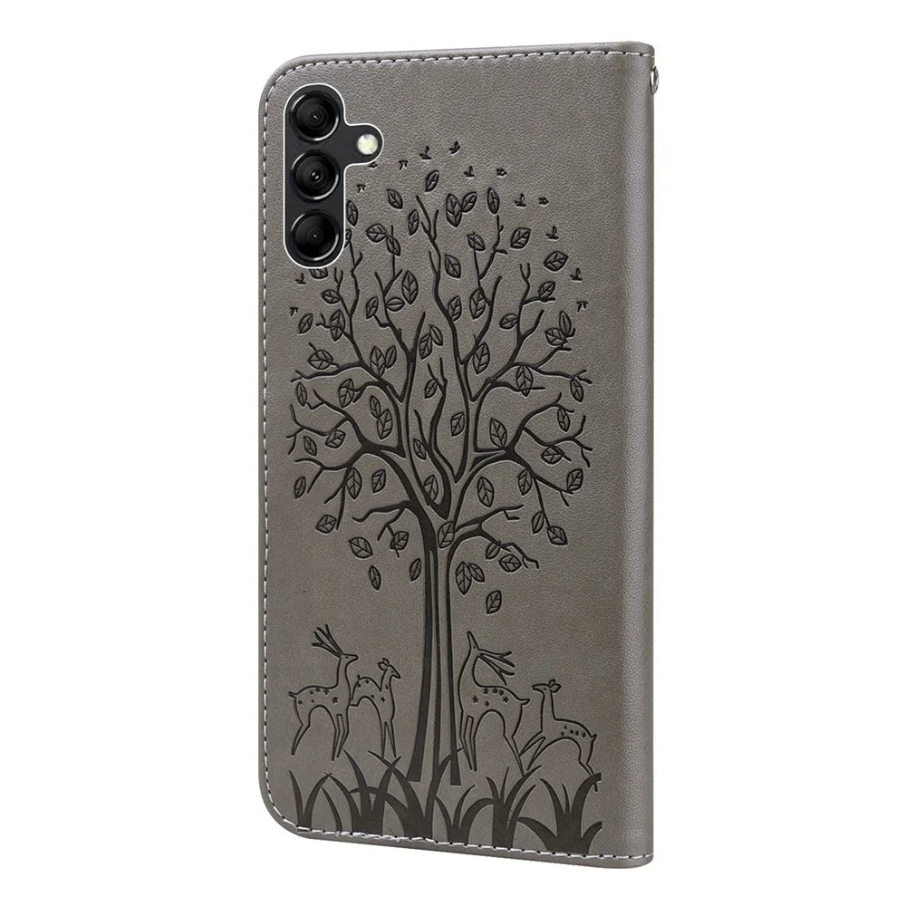 For Samsung Galaxy A34 5G PU Leather Flip Wallet Phone Case Deer Tree Pattern Stand Magnetic Cover - Grey - 7