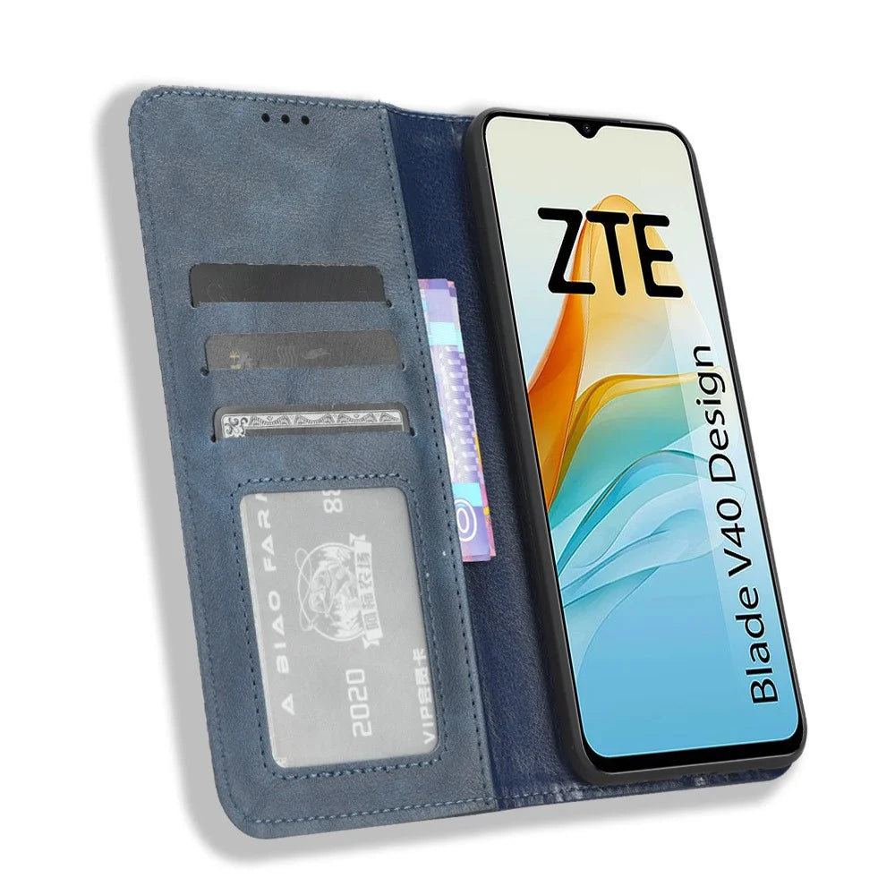 For ZTE Blade V40 Design PU Leather Stand Cell Phone Case Wallet Retro Phone Cover - Blue - 2