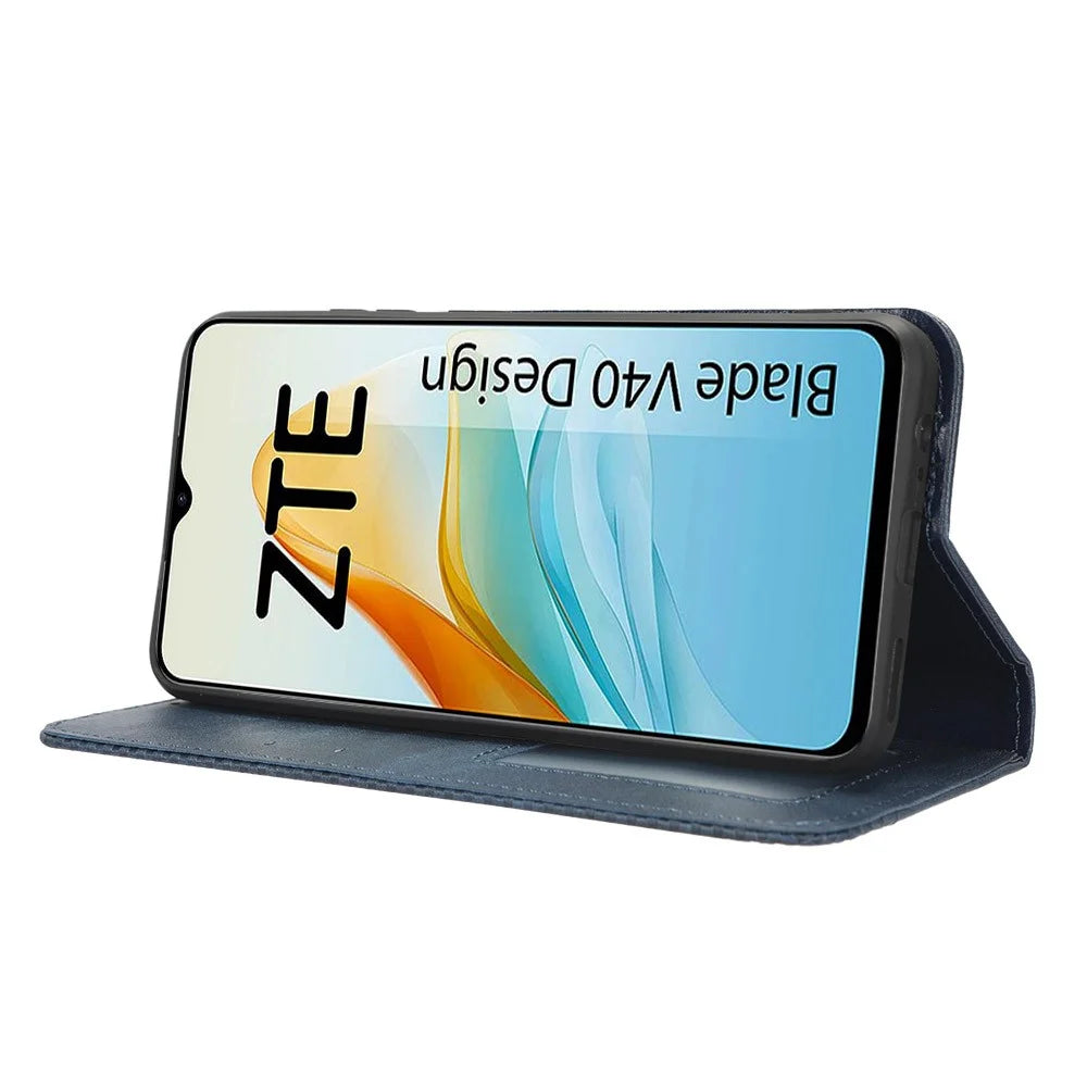 For ZTE Blade V40 Design PU Leather Stand Cell Phone Case Wallet Retro Phone Cover - Blue - 3