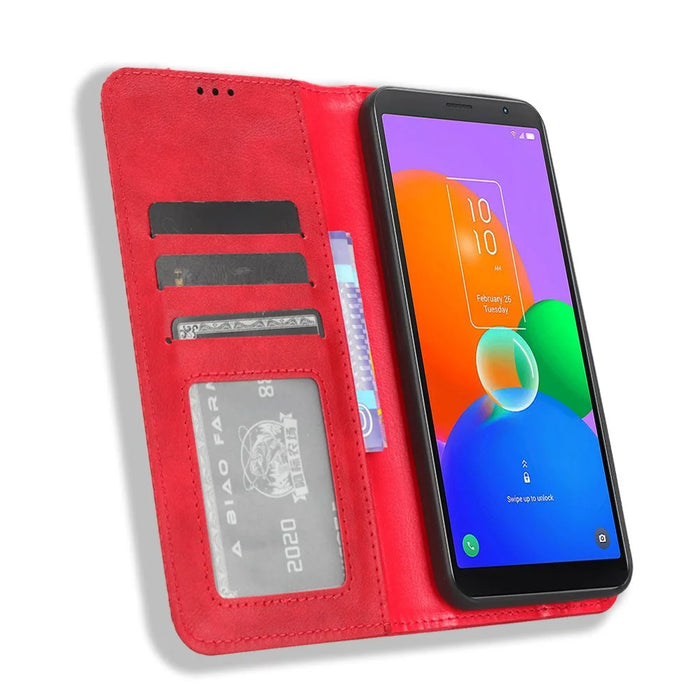 For TCL 403 Retro Phone Cover Magnetic PU Leather Stand Cell Phone Wallet Case - Red - 2