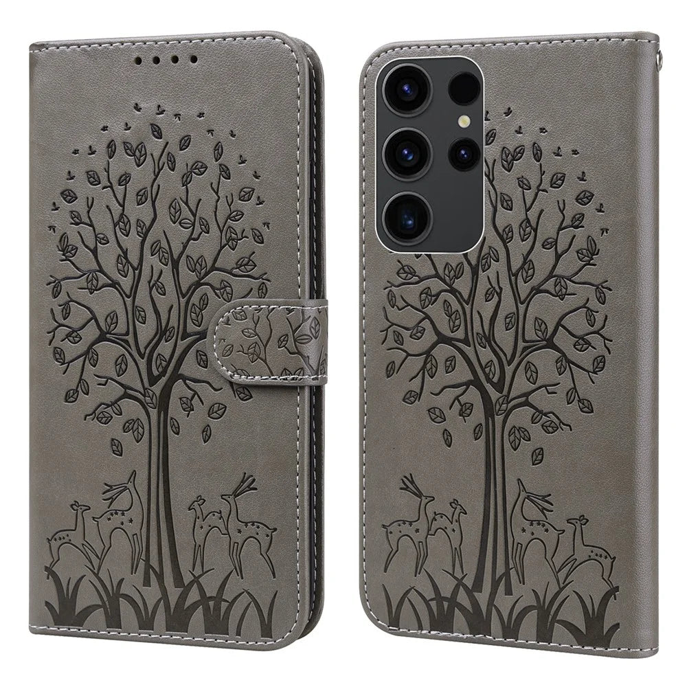 For Samsung Galaxy S23 Ultra Phone Case PU Leather Deer Tree Pattern Stand Flip Wallet Cover - Grey - 1