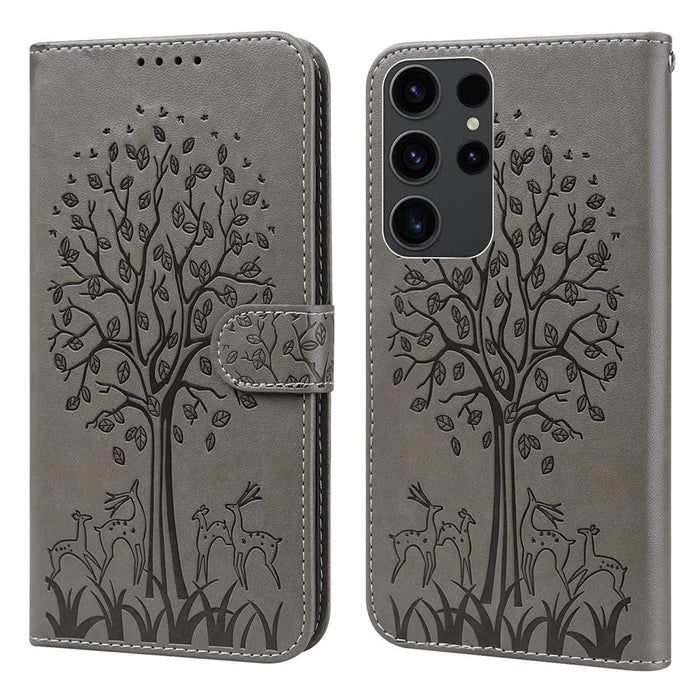 For Samsung Galaxy S23 Ultra Phone Case PU Leather Deer Tree Pattern Stand Flip Wallet Cover - Grey - 1