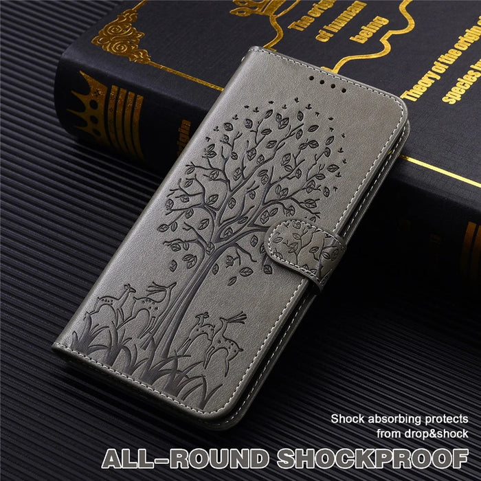 For Samsung Galaxy S23 Ultra Phone Case PU Leather Deer Tree Pattern Stand Flip Wallet Cover - Grey - 4