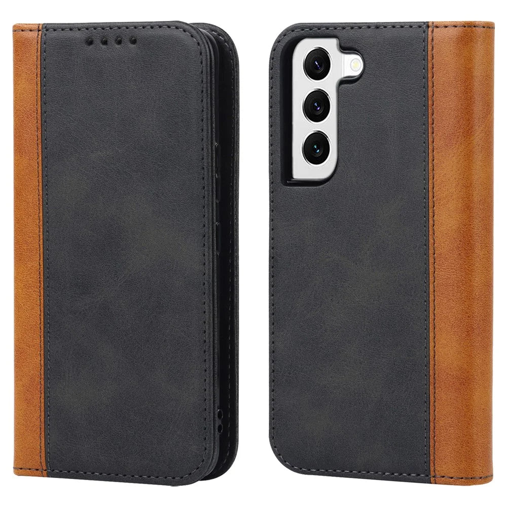 For Samsung Galaxy S22 5G PU Leather Phone Case Bi-color Splicing Wallet Phone Stand Cover - Black  /  Yellow - 1