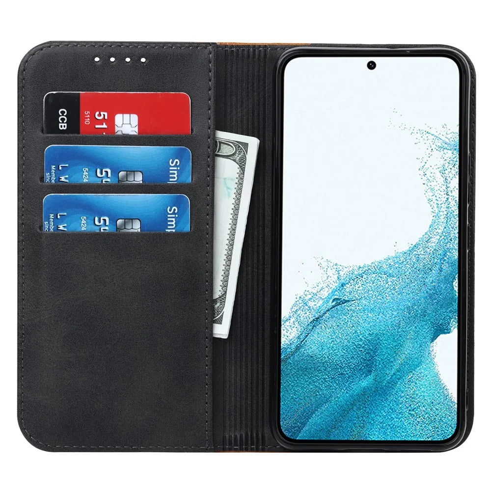 For Samsung Galaxy S22 5G PU Leather Phone Case Bi-color Splicing Wallet Phone Stand Cover - Black  /  Yellow - 2
