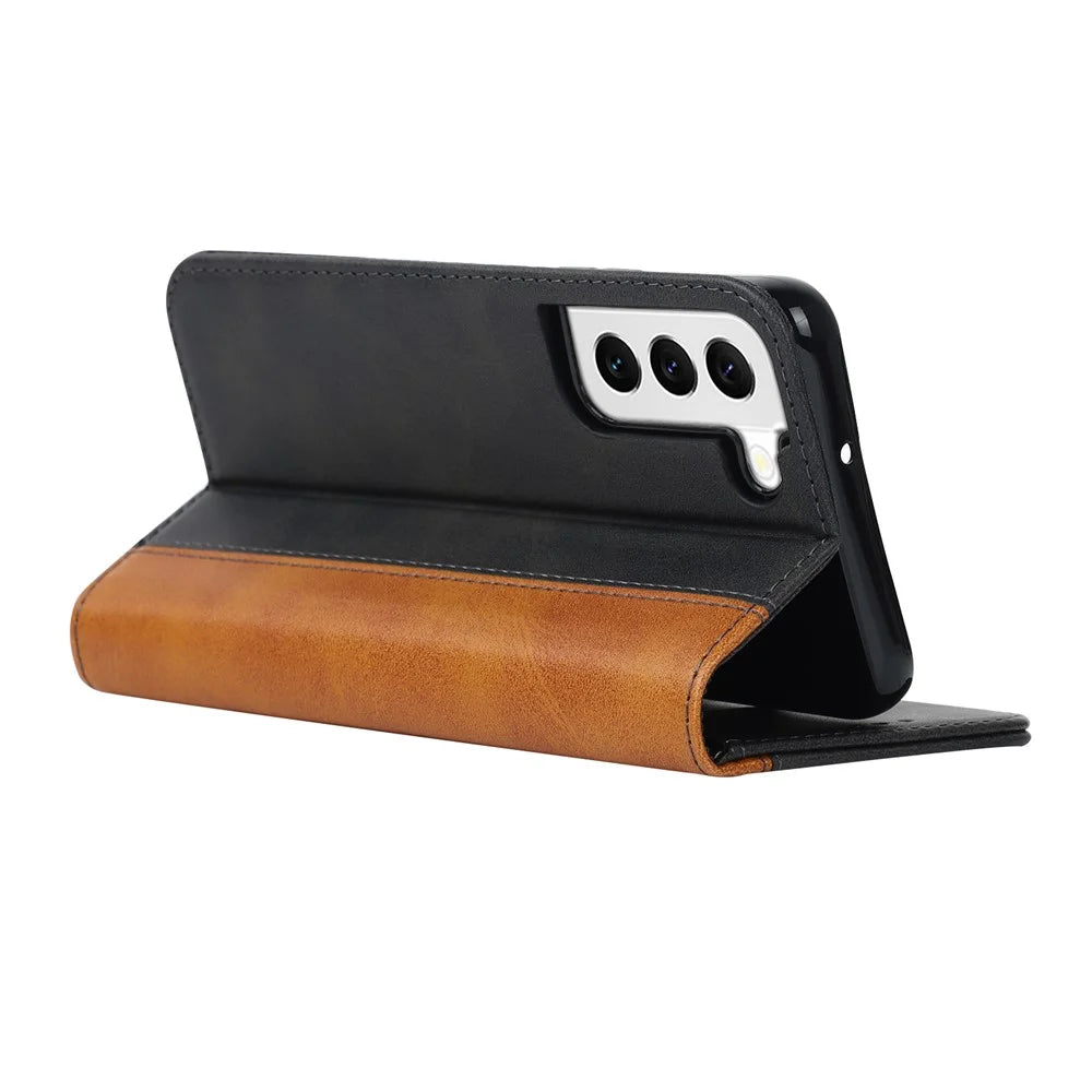 For Samsung Galaxy S22 5G PU Leather Phone Case Bi-color Splicing Wallet Phone Stand Cover - Black  /  Yellow - 4