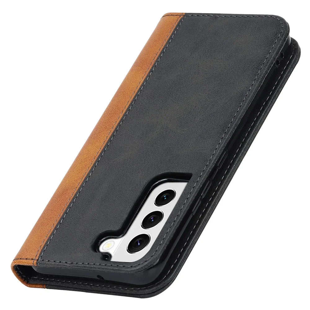 For Samsung Galaxy S22 5G PU Leather Phone Case Bi-color Splicing Wallet Phone Stand Cover - Black  /  Yellow - 5