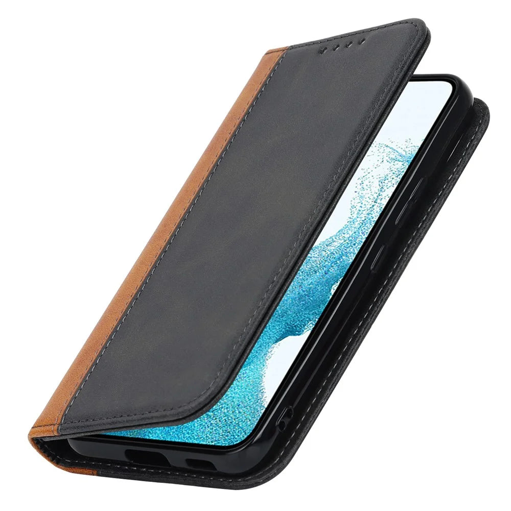 For Samsung Galaxy S22 5G PU Leather Phone Case Bi-color Splicing Wallet Phone Stand Cover - Black  /  Yellow - 6