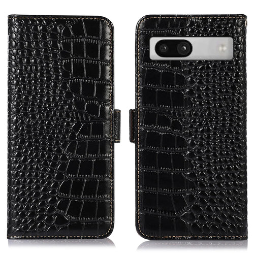 RFID Blocking Phone Stand Case for Google Pixel 7a , Genuine Cowhide Leather Smartphone Wallet Cover - Black - 1