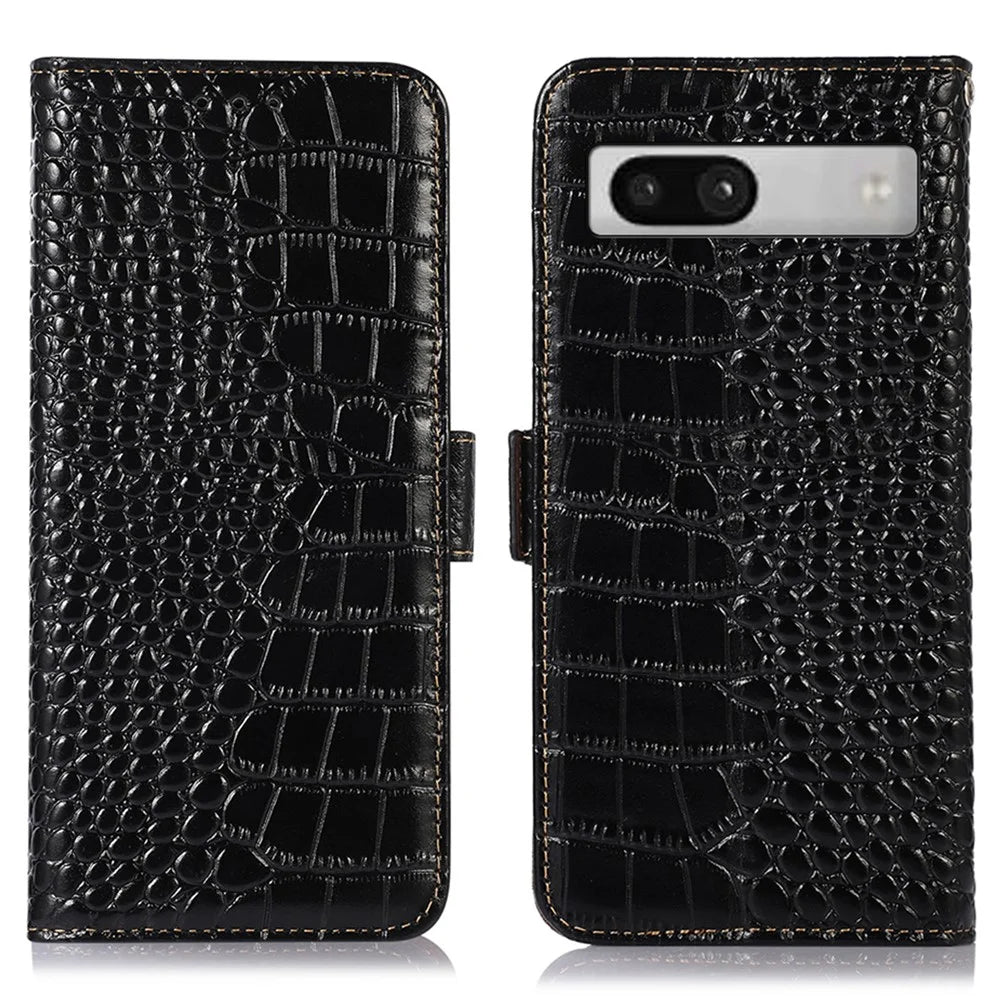 RFID Blocking Phone Stand Case for Google Pixel 7a , Genuine Cowhide Leather Smartphone Wallet Cover - Black - 1