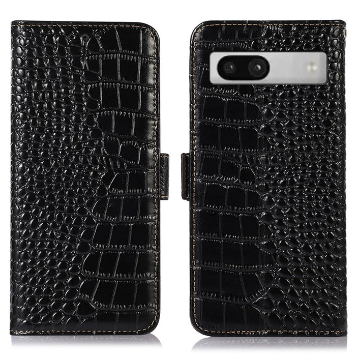 RFID Blocking Phone Stand Case for Google Pixel 7a , Genuine Cowhide Leather Smartphone Wallet Cover - Black - 1