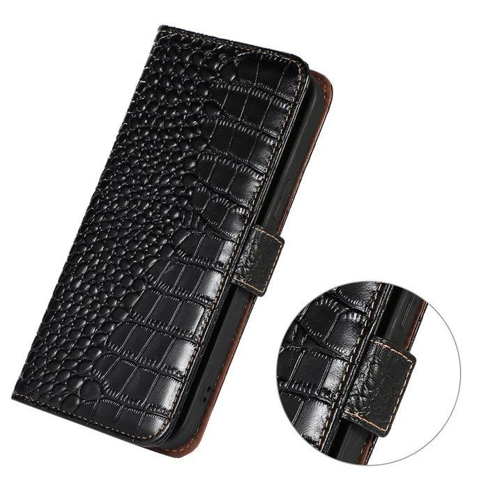 RFID Blocking Phone Stand Case for Google Pixel 7a , Genuine Cowhide Leather Smartphone Wallet Cover - Black - 5
