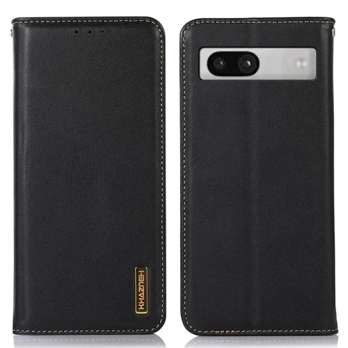 KHAZNEH for Google Pixel 7a Genuine Cowhide Leather Phone Cover Stand Wallet Phone Case with RFID Blocking - Black - 1