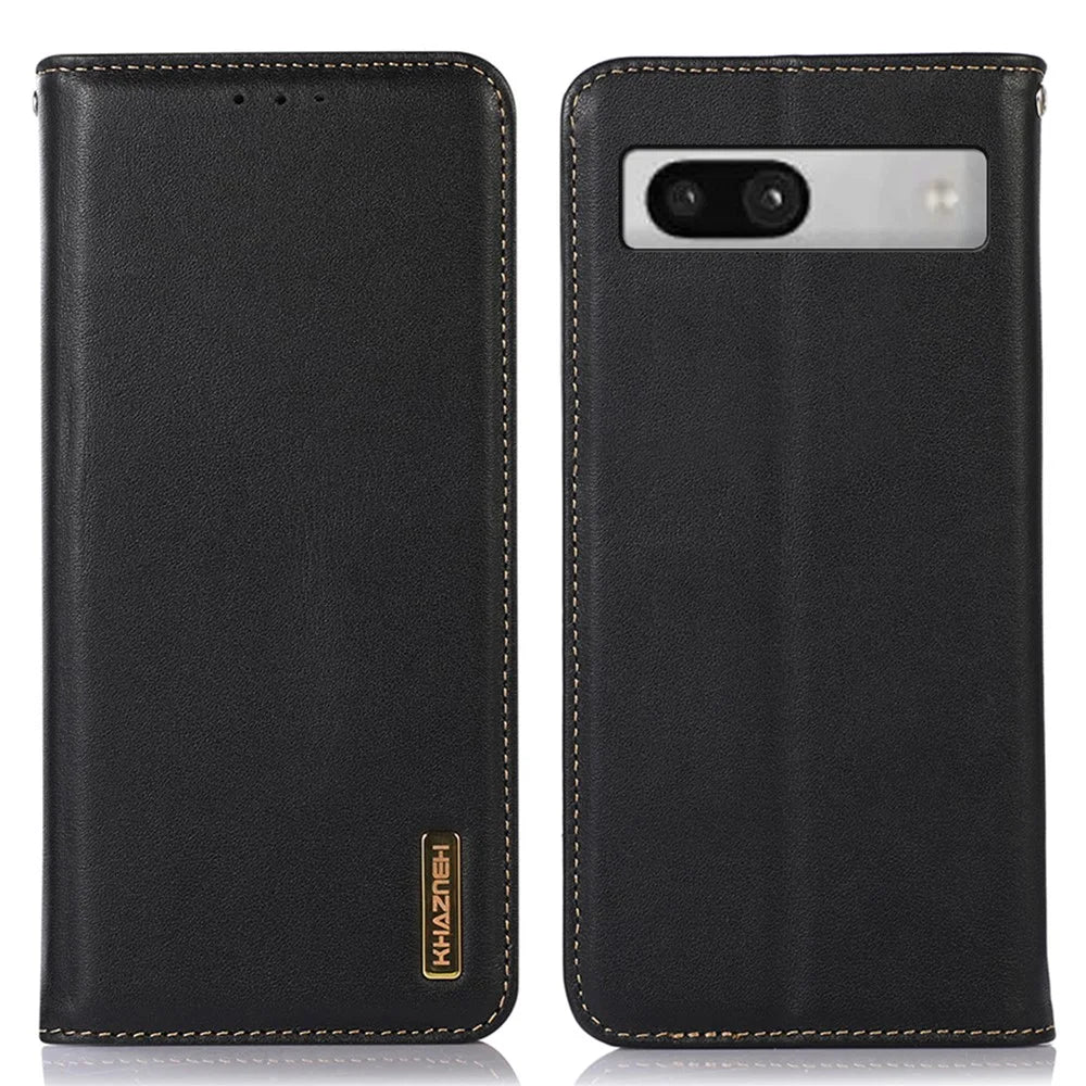 KHAZNEH for Google Pixel 7a Genuine Cowhide Leather Phone Cover Stand Wallet Phone Case with RFID Blocking - Black - 1
