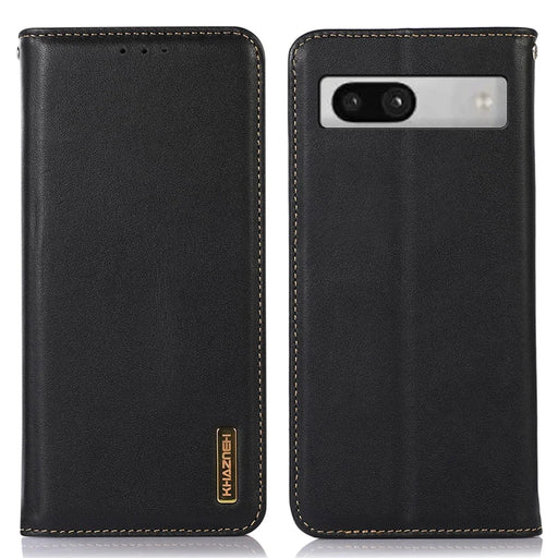 KHAZNEH for Google Pixel 7a Genuine Cowhide Leather Phone Cover Stand Wallet Phone Case with RFID Blocking - Black - 1